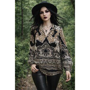 INC International Concepts Baroque Long Sleeve Tunic Blouse Size 8 GUC Chiffon